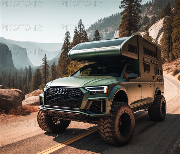 Green matte custom german q series offroad 4x4 lifted vintage custom camper conversion jeep overlanding in mountain roads