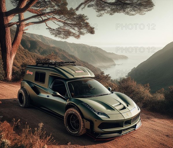 Green matte custom offroad 4x4 italian supercar ifted vintage custom camper conversion jeep overlanding in mountain roads