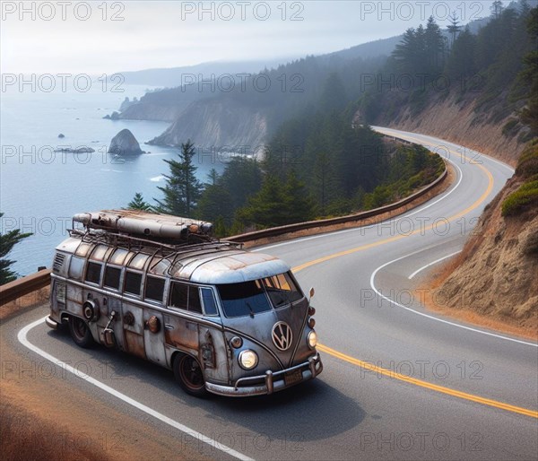 Steampunkfunny design tuned custom kombi classic expensive lifted vintage camper conversion overlanding in mountain roads