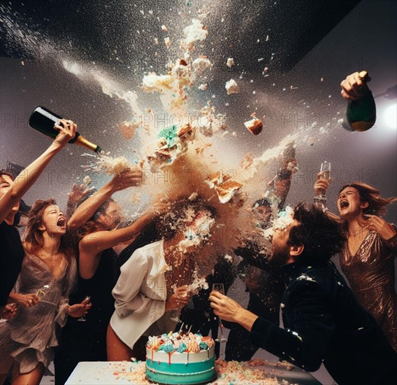 Group elegant people celebrate toxic gala birthday at club throw cake splash wine wild party dance shout laugh