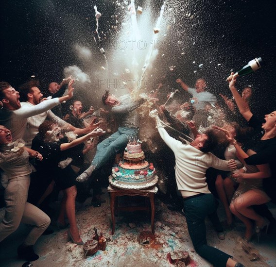 Group elegant people celebrate toxic gala birthday at club throw cake splash wine wild party dance shout laugh