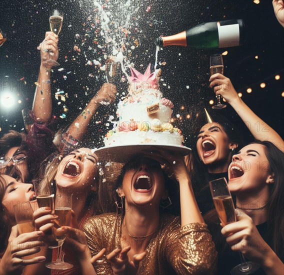 Group elegant people celebrate toxic gala birthday at club throw cake splash wine wild party dance shout laugh