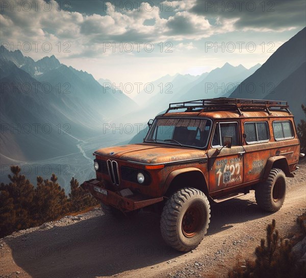Rusty dirt offroad 4x4 lifted german design vintage custom camper conversion jeep overlanding in mountain roads