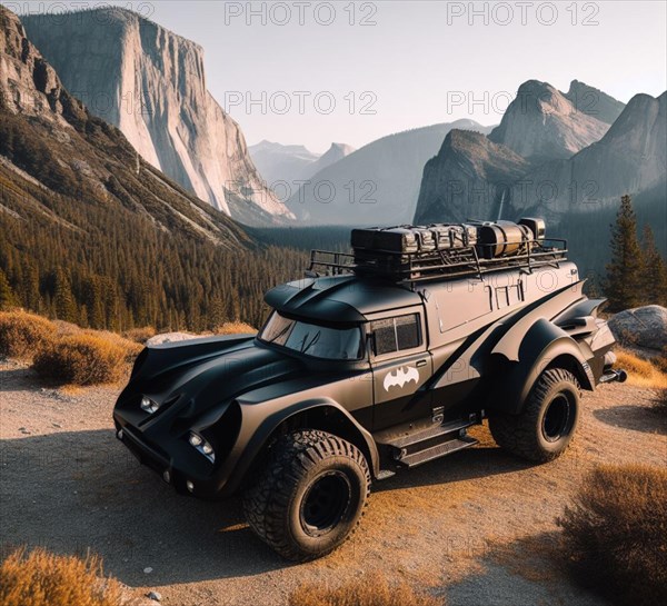 Rusty dirt offroad 4x4 lifted batmobile superhore vintage custom camper conversion jeep overlanding in mountain roads