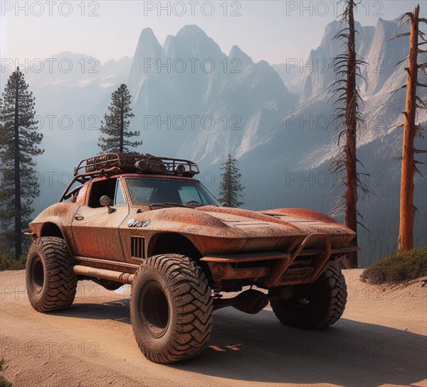 Rusty dirt offroad 4x4 60s american sports lifted vintage custom camper conversion jeep overlanding in mountain roads