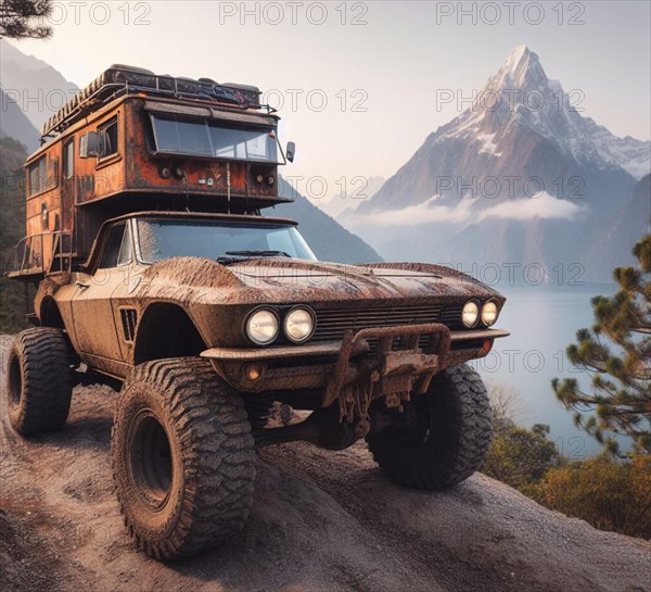 Rusty dirt offroad american stingray 4x4 lifted vintage custom camper conversion jeep overlanding in mountain roads