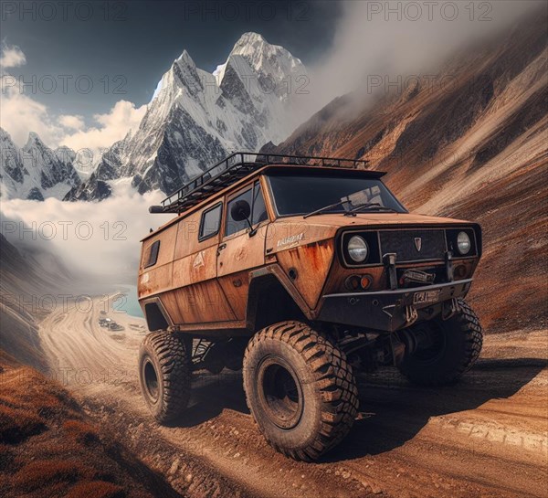 Rusty dirt offroad 4x4 lifted vintage custom camper conversion jeep overlanding in mountain roads