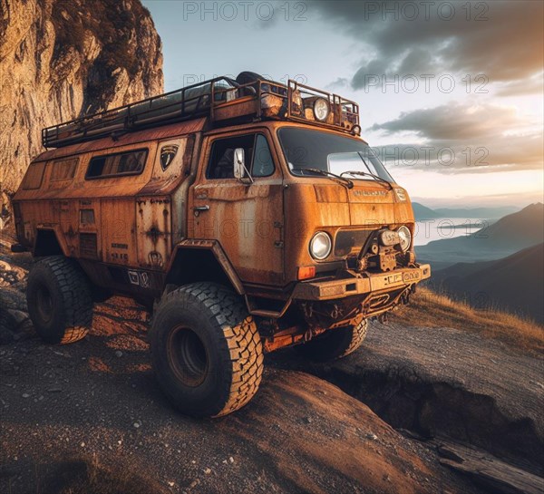 Rusty dirt offroad 4x4 lifted vintage custom camper conversion jeep overlanding in mountain roads