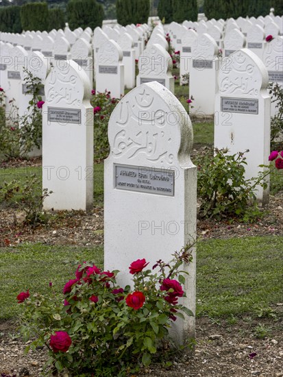 French military cemetery at the Ossuaire de Douaumont with white gravestones of Muslim fallen soldiers