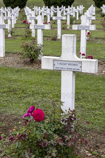 French military cemetery at the Ossuaire de Douaumont with white graves and crosses of fallen soldiers