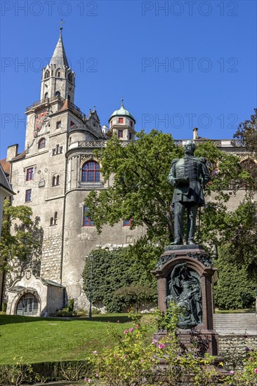 Monument to Prince Karl Anton von Hohenzollern and Hohenzollern Castle Sigmaringen in the background