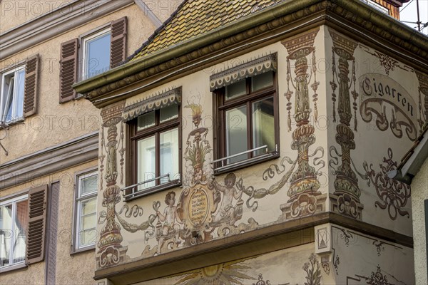 Detail of the building with facade drawings and decoration