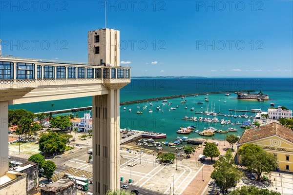 View of Baia de Todos os Santos and Elevador Lacerda on a sunny summer day in the city of Salvador in Bahia