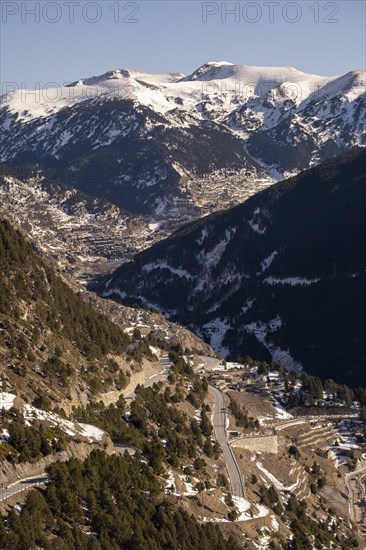 Aerial view of the town of Canillo in winter in Andorra