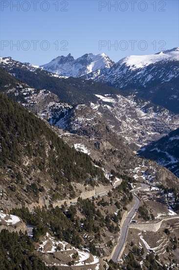 Aerial view of the town of Canillo in winter in Andorra