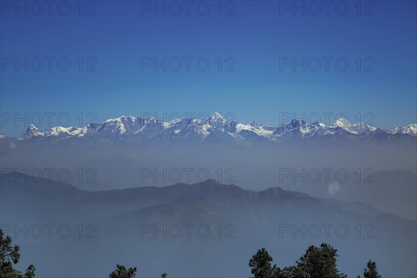 Snow capped Saklana range in Dhanaulti tehsil of Tehri Garhwal district in Uttarakhand