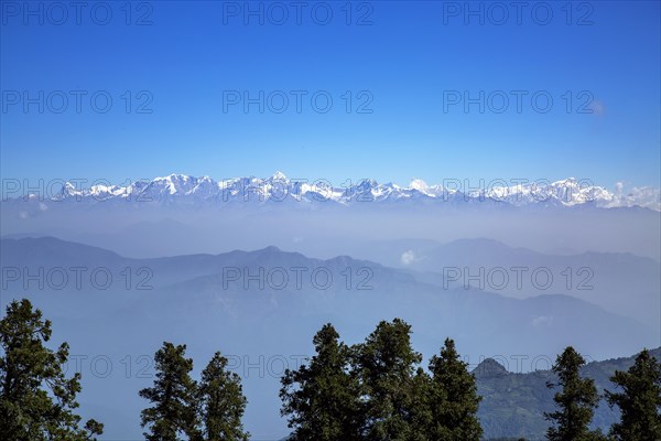 Snow capped Saklana range in Dhanaulti tehsil of Tehri Garhwal district in Uttarakhand