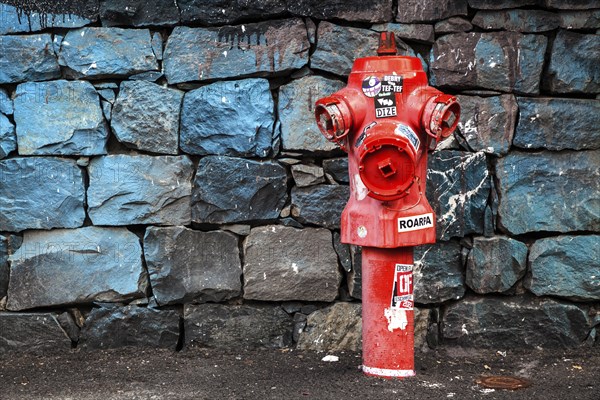 Red fire hydrant in front of a stone wall