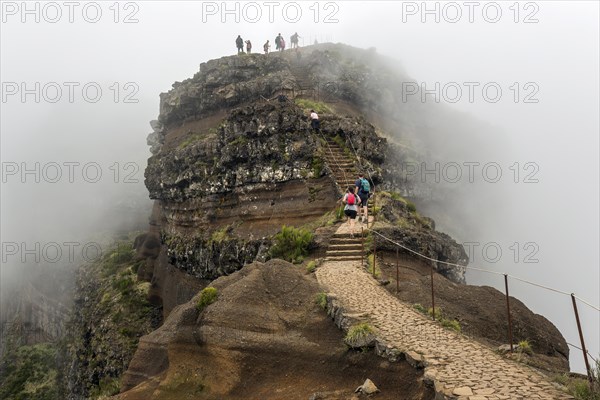 Hikers on the PR1 Vereda do Areeiro hiking trail in the fog