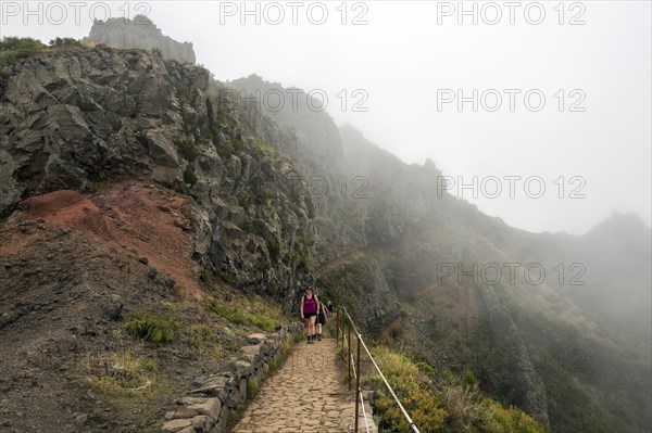 Hikers on the PR1 Vereda do Areeiro hiking trail in the fog