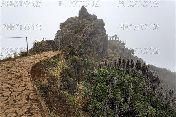 Hikers on the PR1 Vereda do Areeiro hiking trail in the fog