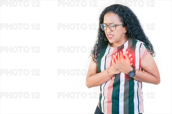 Afro girl with tachycardia touching chest. People with heart problems. Afro woman with heart pain touching chest isolated