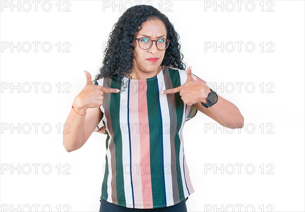 Embarrassed afro woman pointing at herself isolated. Confused afro girl pointing at herself isolated