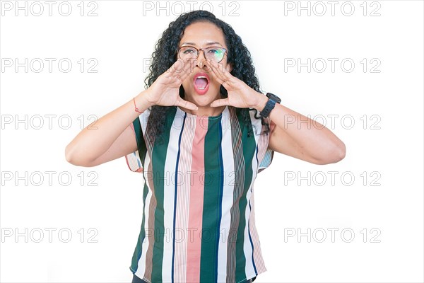 Afro woman screaming and announcing at the camera. Afro girl in glasses announcing something to the camera