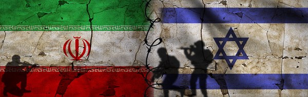 Conflict between Iran and Israel concept. Political tension between Iran and Israel. Israel vs Iran flag on cracked wall