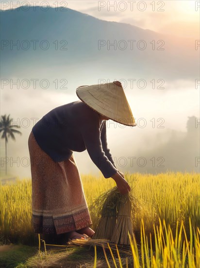 Asian woman harvesting rice in a rice plantation in the mountains