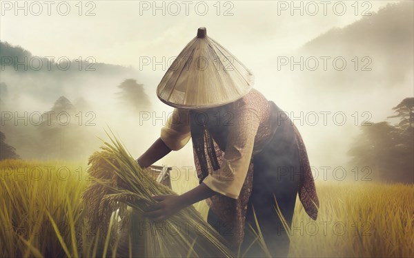 Asian woman harvesting rice in a rice plantation in the mountains