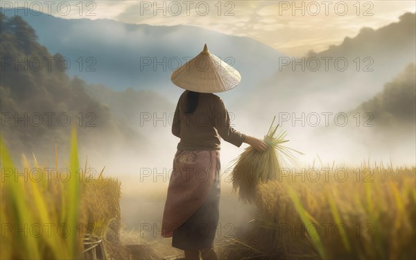 Asian woman harvesting rice in a rice plantation in the mountains
