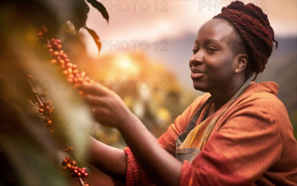 African woman harvesting on a coffee plantation