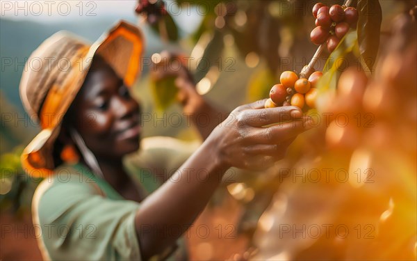 African woman harvesting on a coffee plantation