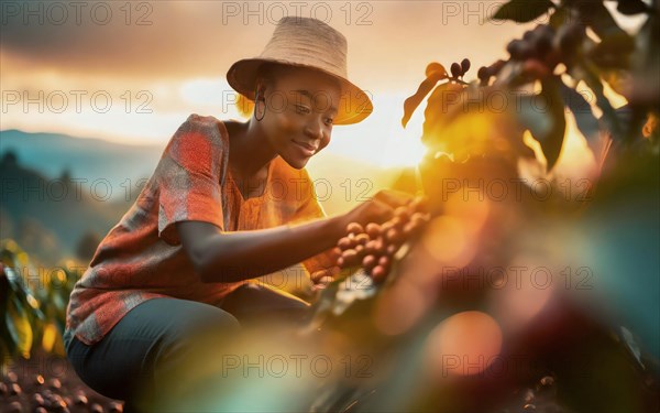 African woman harvesting on a coffee plantation