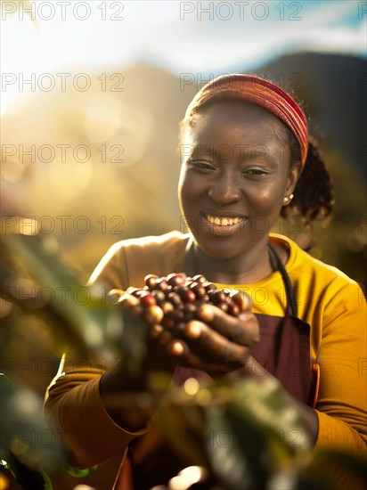 African woman harvesting on a coffee plantation