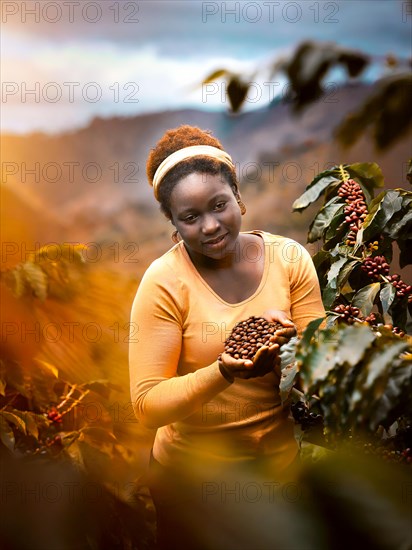 African woman harvesting on a coffee plantation