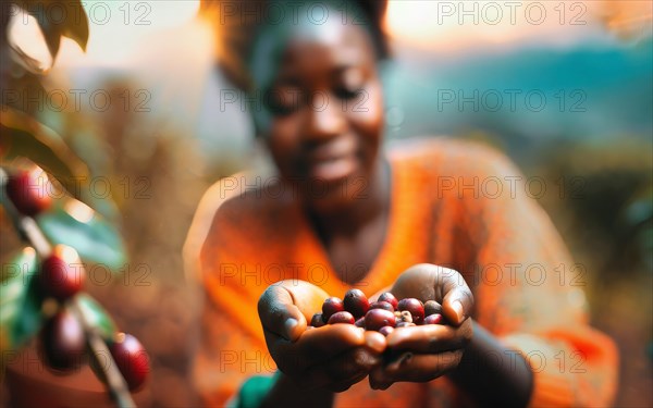 African woman harvesting on a coffee plantation