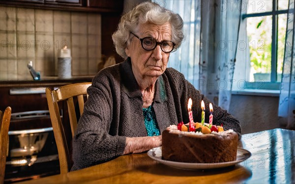 A sad and depressed grandma sits lonely at the table with her birthday cake