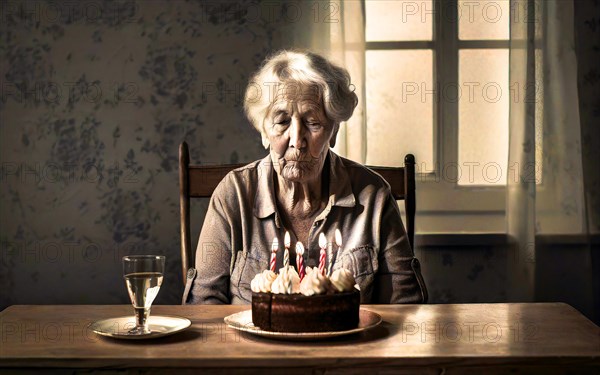 A sad and depressed grandma sits lonely at the table with her birthday cake