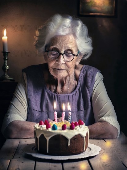 A sad and depressed grandma sits lonely at the table with her birthday cake