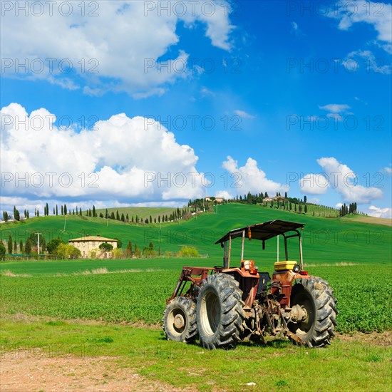 Typical Tuscan landscape with farms on hills and country road lined with cypress trees