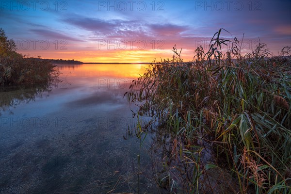 Clear still lake at sunrise
