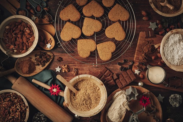 Baked Christmas biscuits on a cake rack