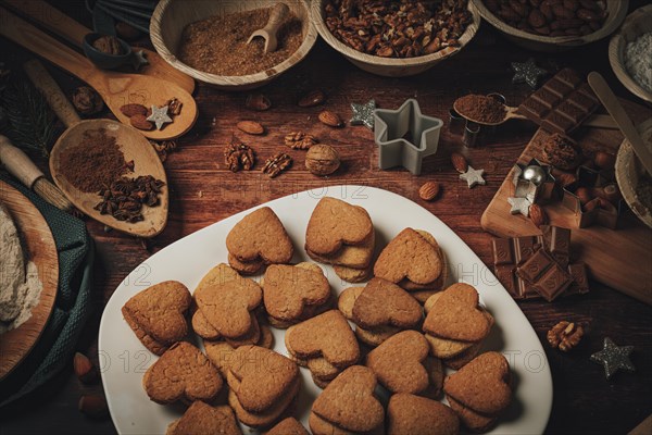 Heart-shaped biscuits baked on a plate