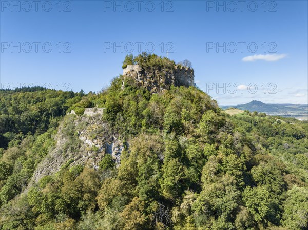 Aerial view of the Hegau volcano and Hohenkraehen castle ruins