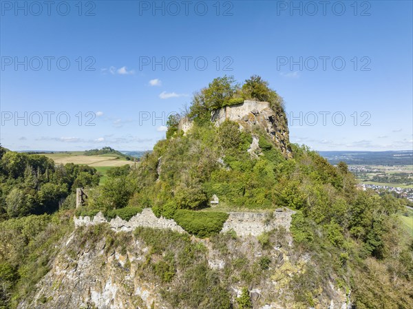 Aerial view of the Hegau volcano and Hohenkraehen castle ruins