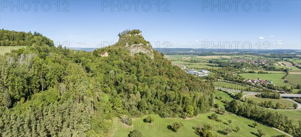 Aerial panorama of the Hegau volcano and Hohenkraehen castle ruins