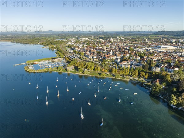 Aerial view of the town of Radolfzell on Lake Constance with the Waeschbruck harbour