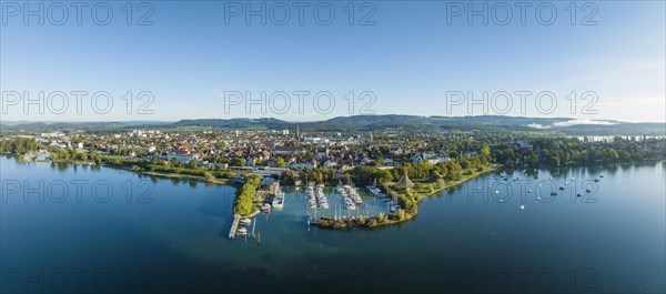 Aerial panorama of the town of Radolfzell on Lake Constance with the Waeschbruckhafen